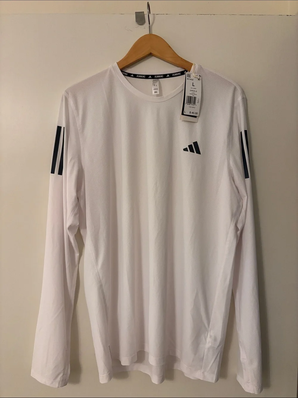 NWT - adidas White Long Sleeve Athletic Tee with Black Stripe Accents (size L)